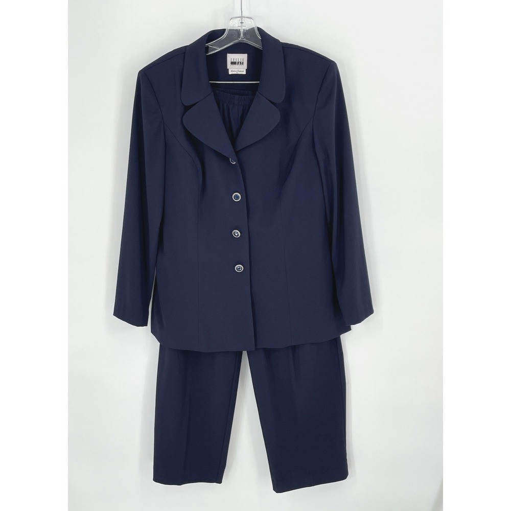 Vtg Leslie Fay Pant Suit 14 Blue Glass Button Front Jacket Career Academia